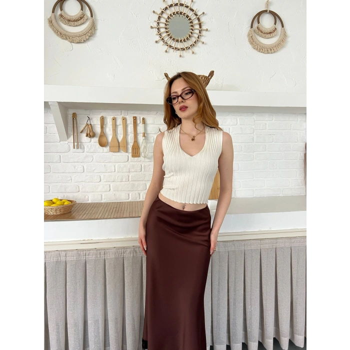 Dantel Detaylı Saten Maxi Etek Kahve