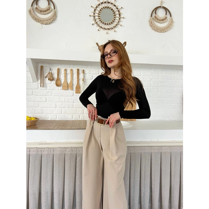 Pile Detaylı Kemerli Bol Paça Pantolon Bej