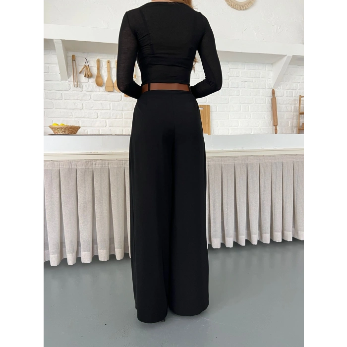 Pile Detaylı Kemerli Bol Paça Pantolon Siyah