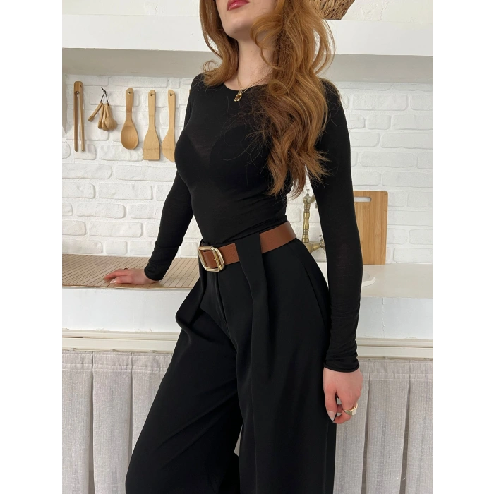 Pile Detaylı Kemerli Bol Paça Pantolon Siyah