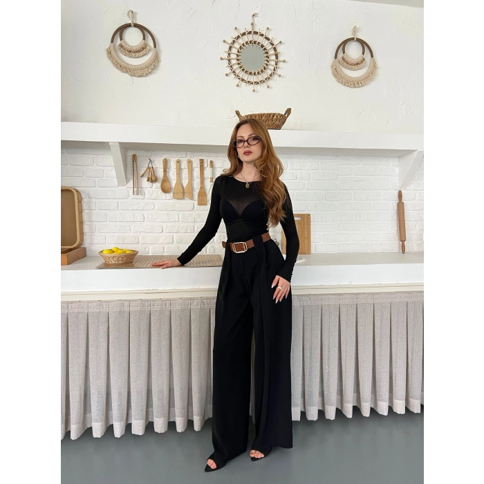 Pile Detaylı Kemerli Bol Paça Pantolon Siyah