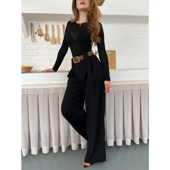 Pile Detaylı Kemerli Bol Paça Pantolon Siyah