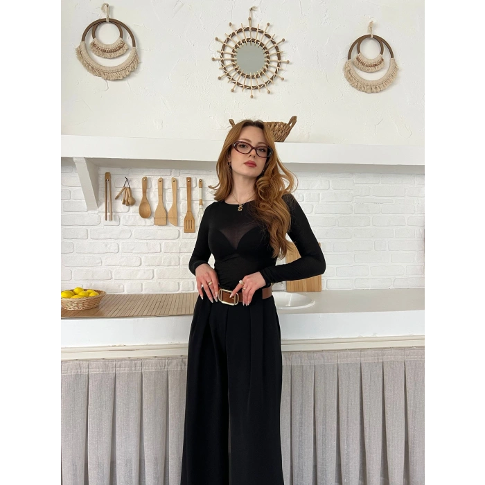 Pile Detaylı Kemerli Bol Paça Pantolon Siyah