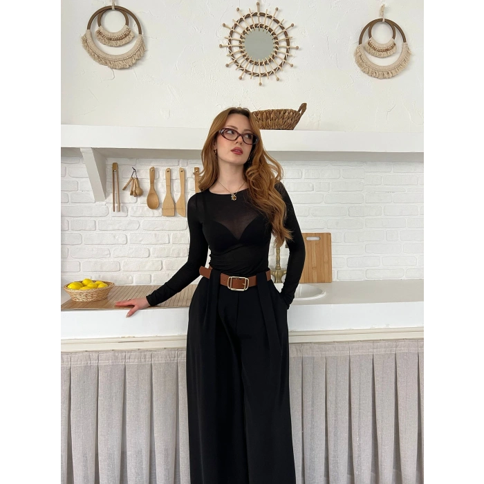 Pile Detaylı Kemerli Bol Paça Pantolon Siyah