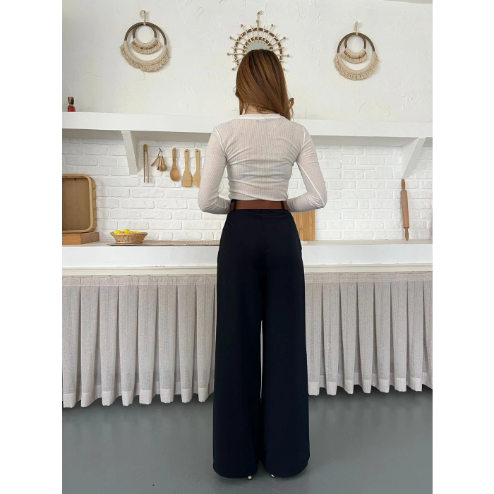 Pile Detaylı Kemerli Bol Paça Pantolon Lacivert