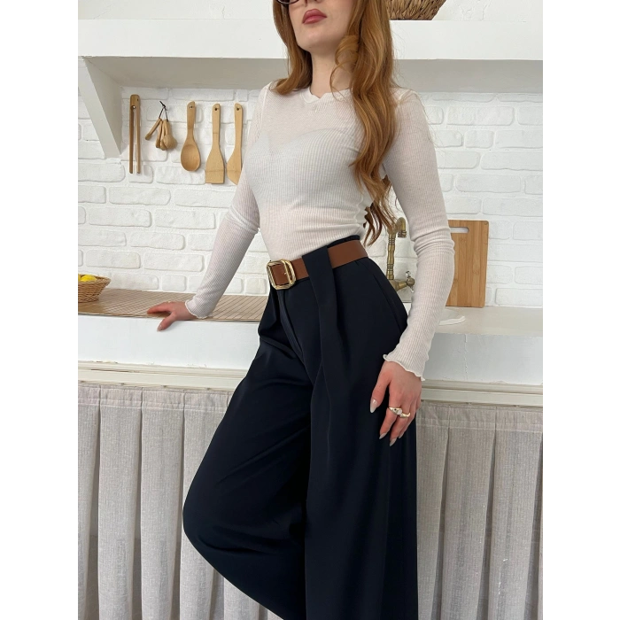 Pile Detaylı Kemerli Bol Paça Pantolon Lacivert