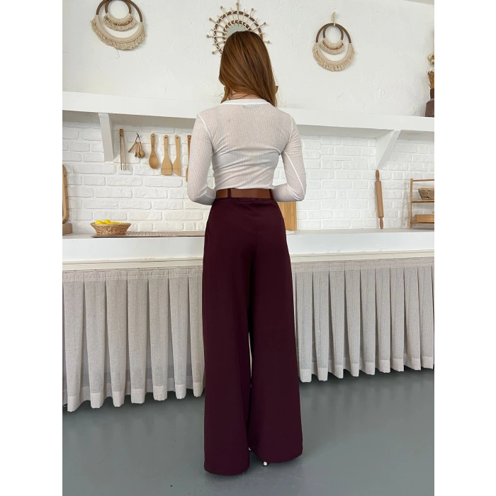 Pile Detaylı Kemerli Bol Paça Pantolon Bordo