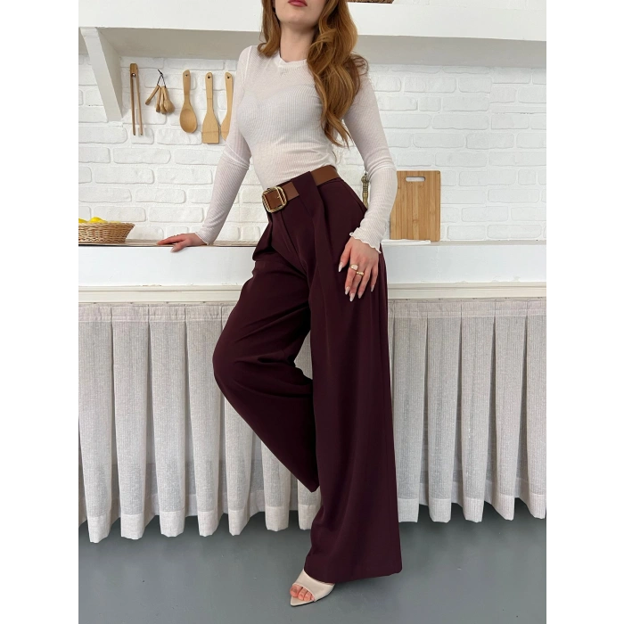 Pile Detaylı Kemerli Bol Paça Pantolon Bordo