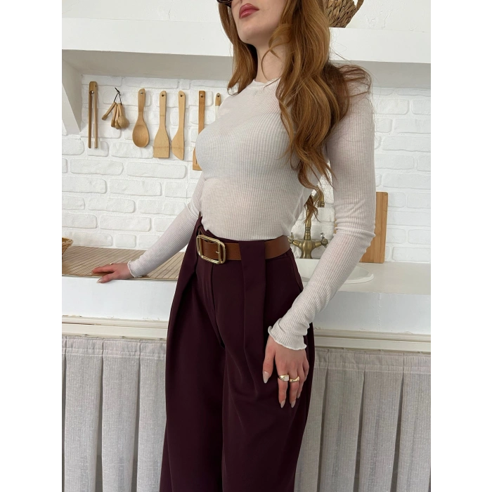 Pile Detaylı Kemerli Bol Paça Pantolon Bordo