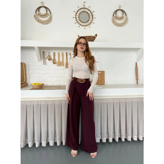 Pile Detaylı Kemerli Bol Paça Pantolon Bordo