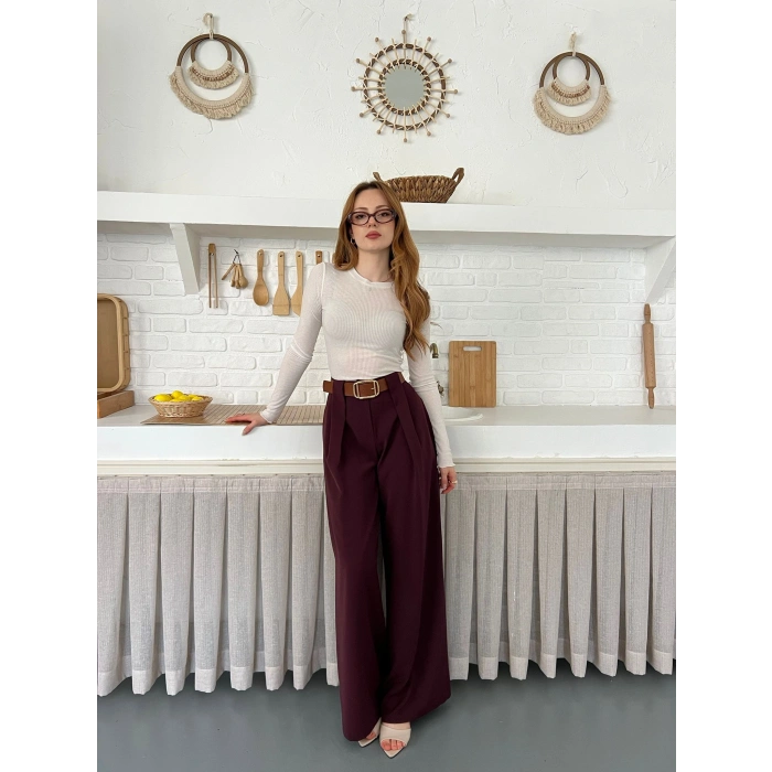 Pile Detaylı Kemerli Bol Paça Pantolon Bordo