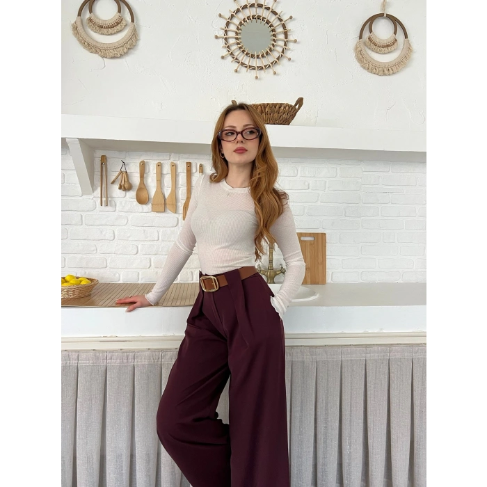 Pile Detaylı Kemerli Bol Paça Pantolon Bordo