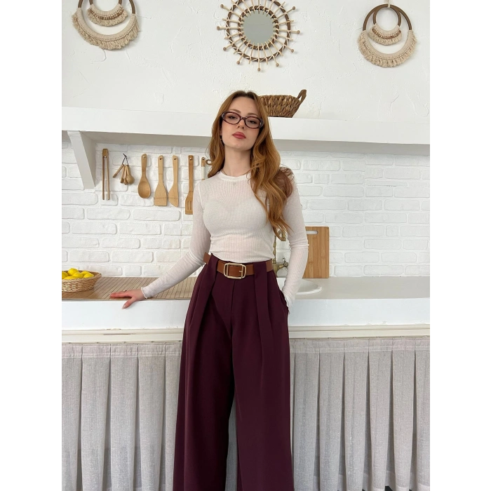 Pile Detaylı Kemerli Bol Paça Pantolon Bordo