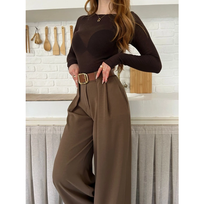 Pile Detaylı Kemerli Bol Paça Pantolon Sütlü Kahve