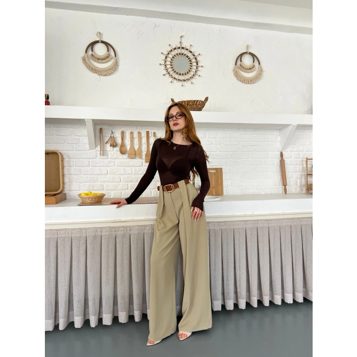 Pile Detaylı Kemerli Bol Paça Pantolon Vizon