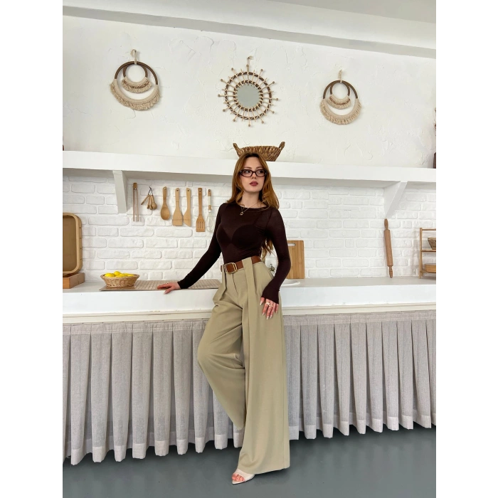 Pile Detaylı Kemerli Bol Paça Pantolon Vizon