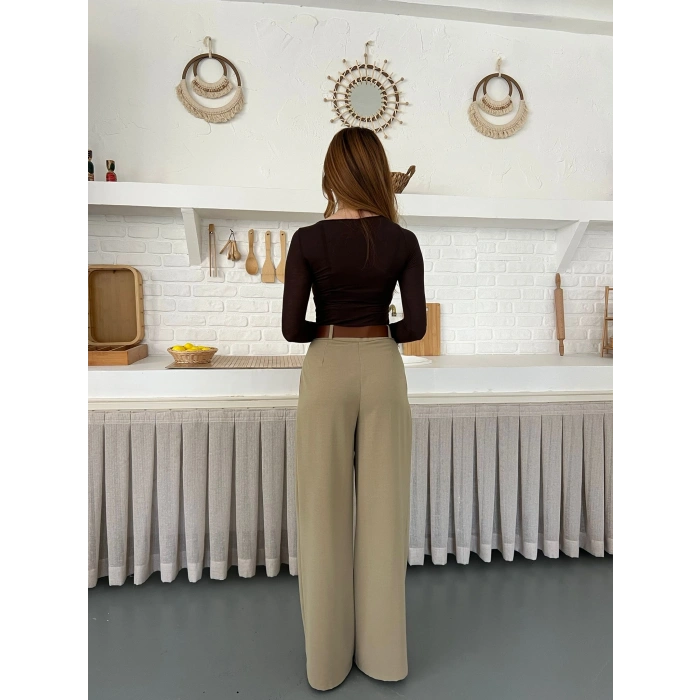 Pile Detaylı Kemerli Bol Paça Pantolon Vizon