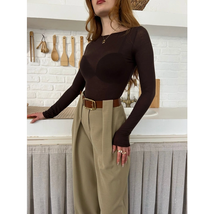 Pile Detaylı Kemerli Bol Paça Pantolon Vizon