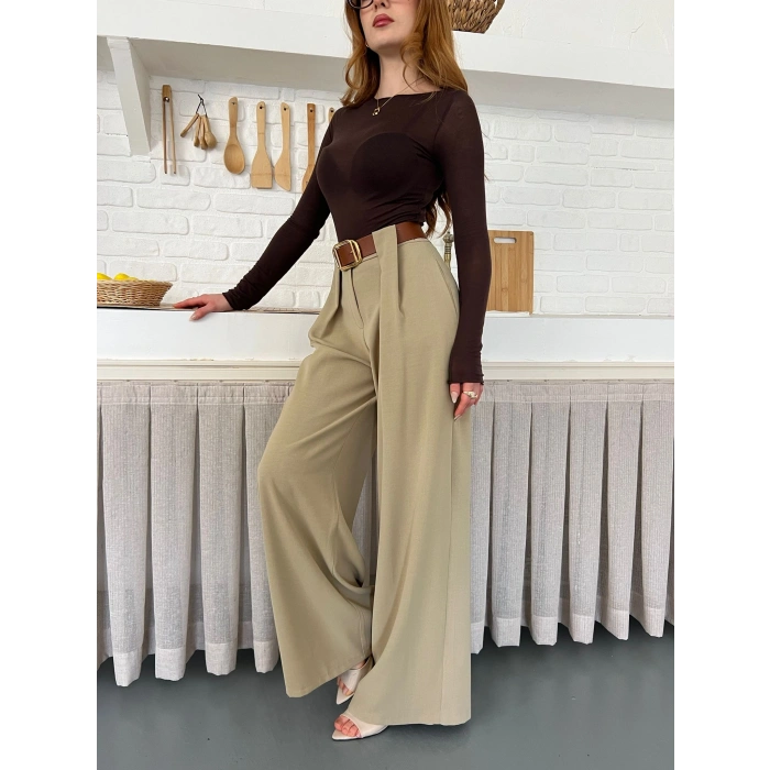 Pile Detaylı Kemerli Bol Paça Pantolon Vizon