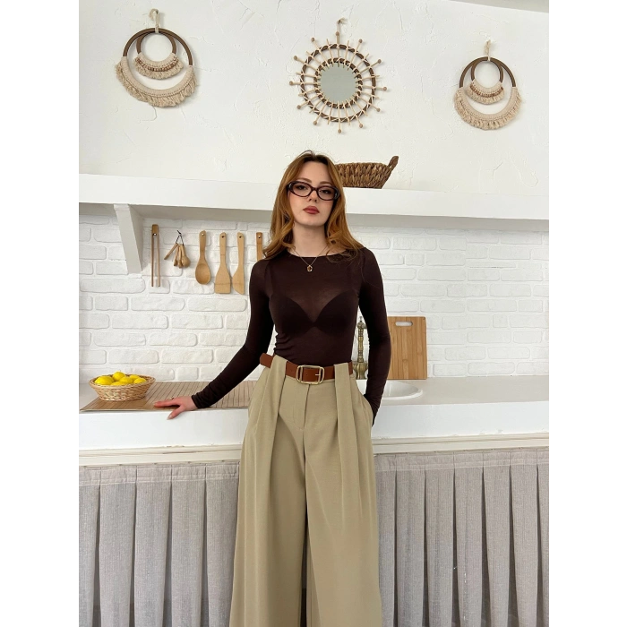 Pile Detaylı Kemerli Bol Paça Pantolon Vizon