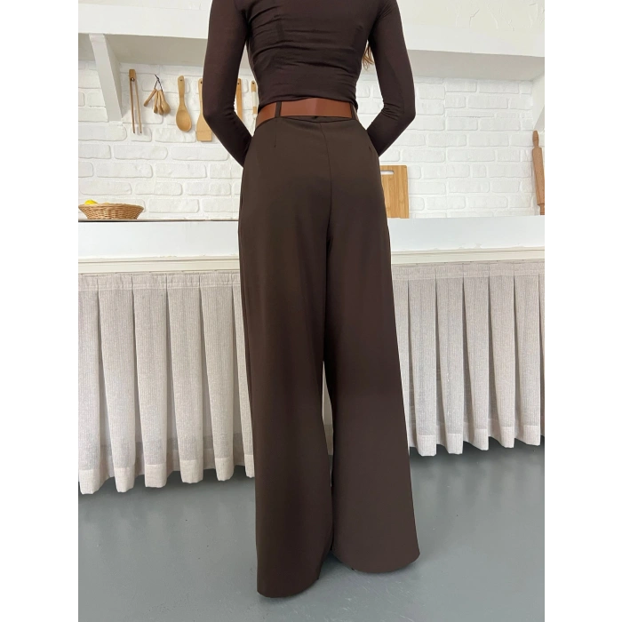 Pile Detaylı Kemerli Bol Paça Pantolon Acı Kahve