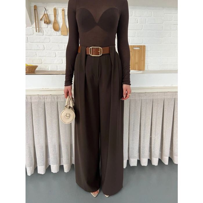 Pile Detaylı Kemerli Bol Paça Pantolon Acı Kahve