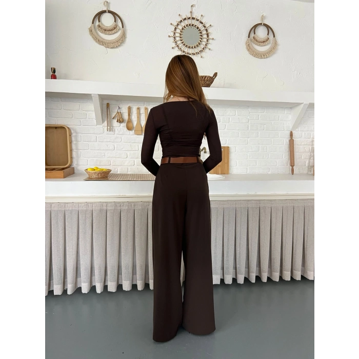 Pile Detaylı Kemerli Bol Paça Pantolon Acı Kahve