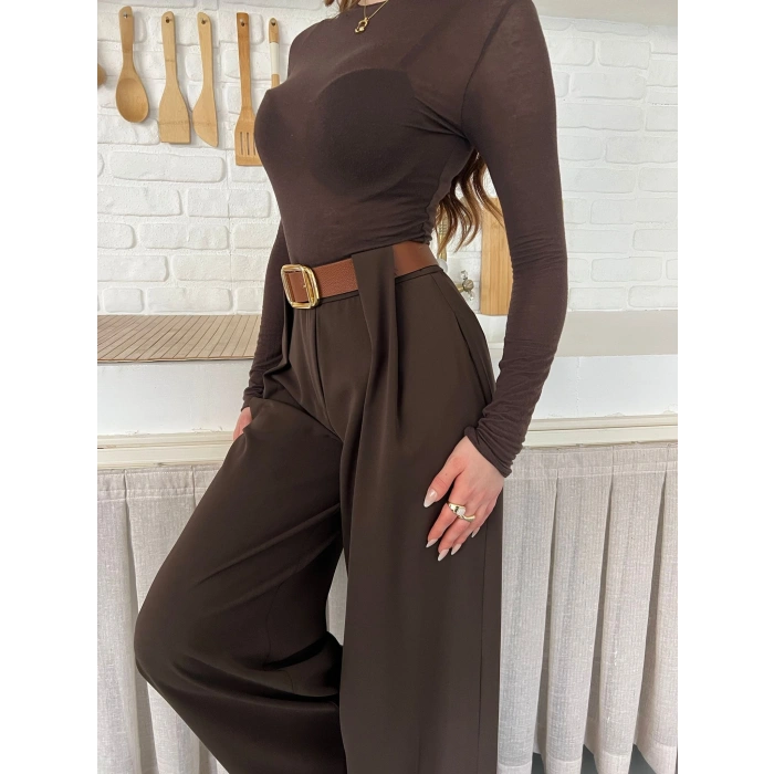 Pile Detaylı Kemerli Bol Paça Pantolon Acı Kahve