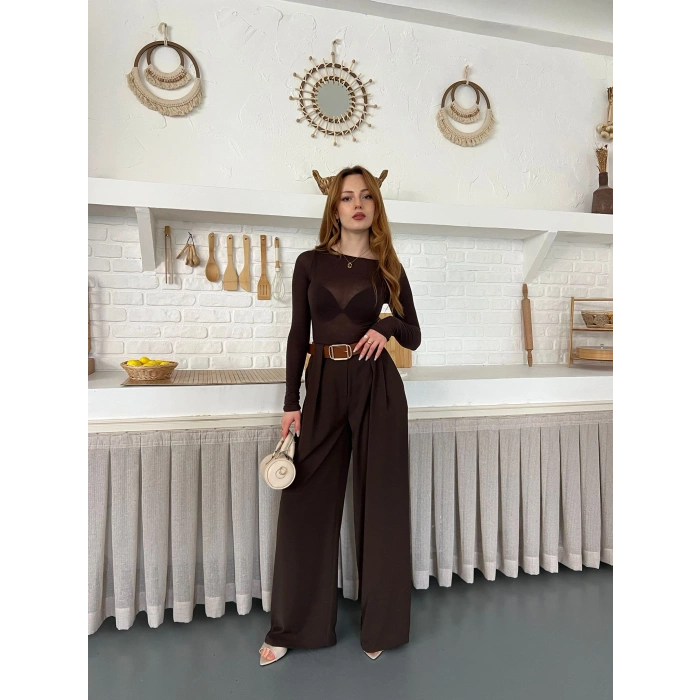 Pile Detaylı Kemerli Bol Paça Pantolon Acı Kahve