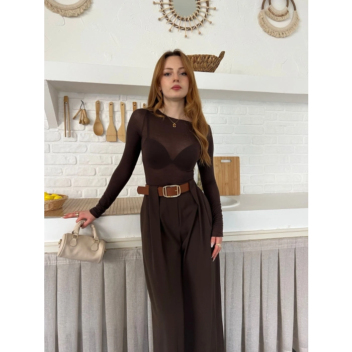 Pile Detaylı Kemerli Bol Paça Pantolon Acı Kahve