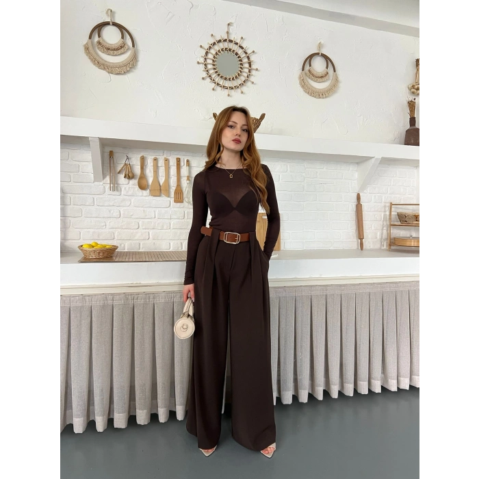 Pile Detaylı Kemerli Bol Paça Pantolon Acı Kahve