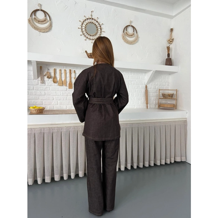 Hakim Yaka Modern Kesim Denim Takım Kahve