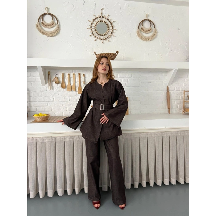 Hakim Yaka Modern Kesim Denim Takım Kahve