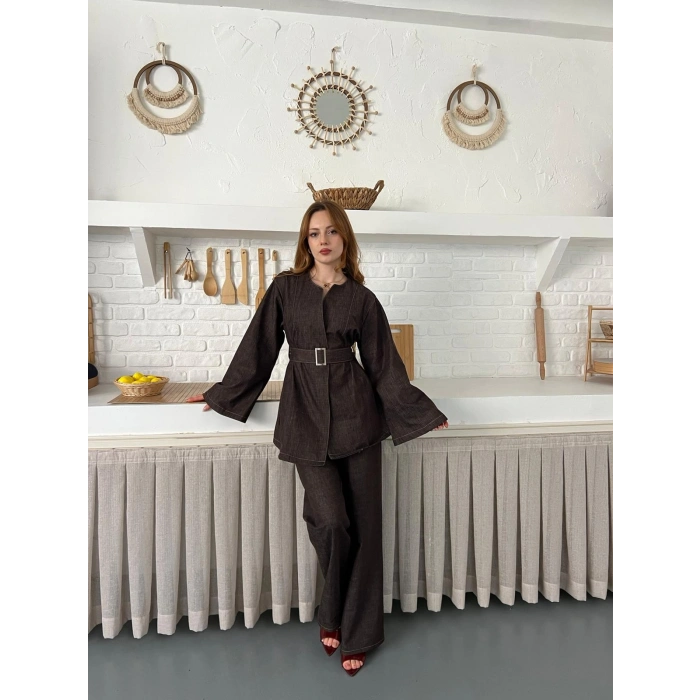 Hakim Yaka Modern Kesim Denim Takım Kahve