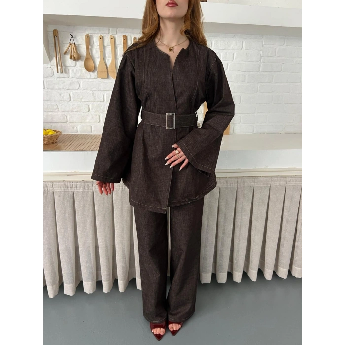 Hakim Yaka Modern Kesim Denim Takım Kahve