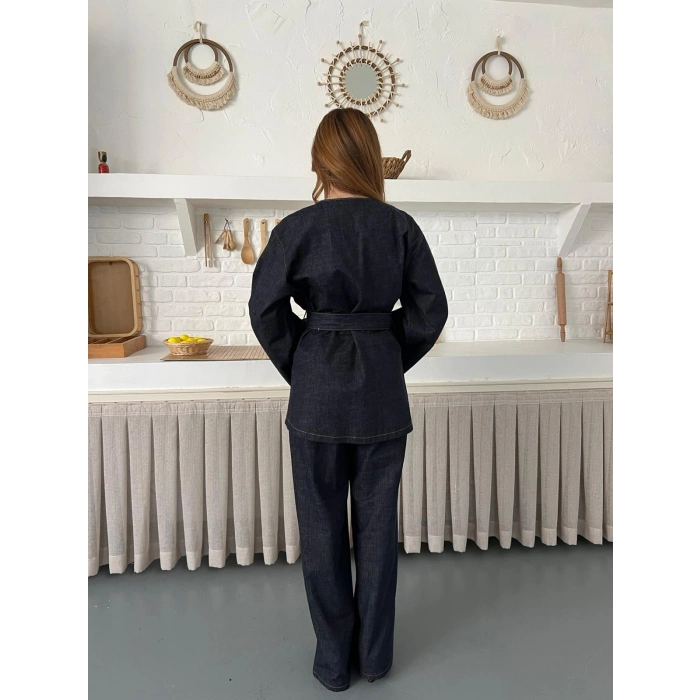 Hakim Yaka Modern Kesim Denim Takım Mavi