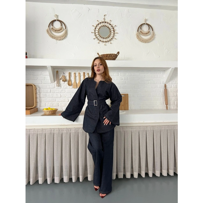 Hakim Yaka Modern Kesim Denim Takım Mavi