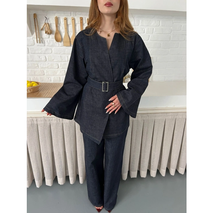 Hakim Yaka Modern Kesim Denim Takım Mavi