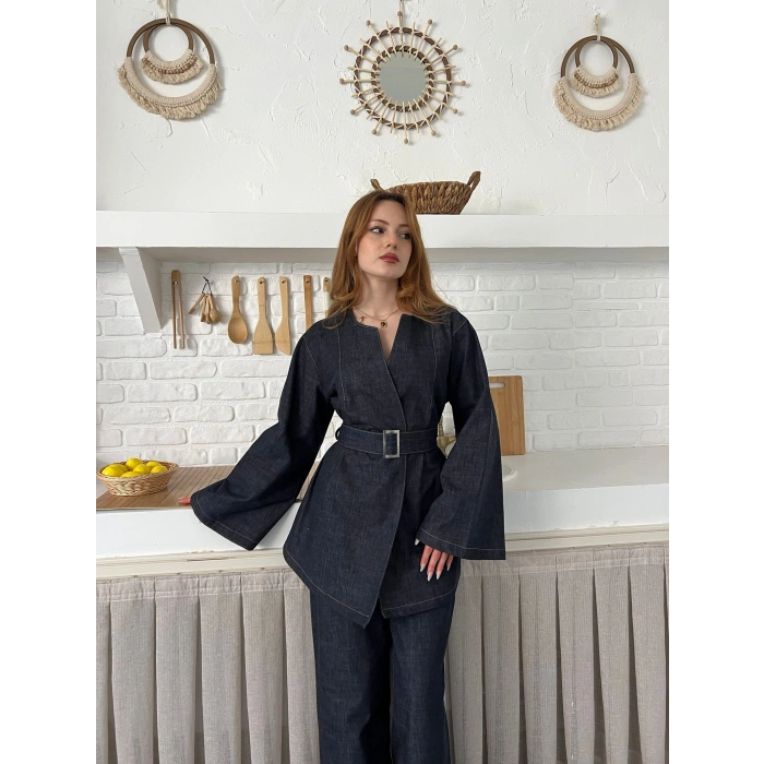 Hakim Yaka Modern Kesim Denim Takım Mavi