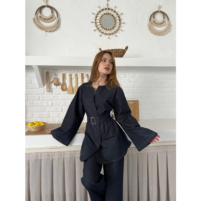 Hakim Yaka Modern Kesim Denim Takım Mavi