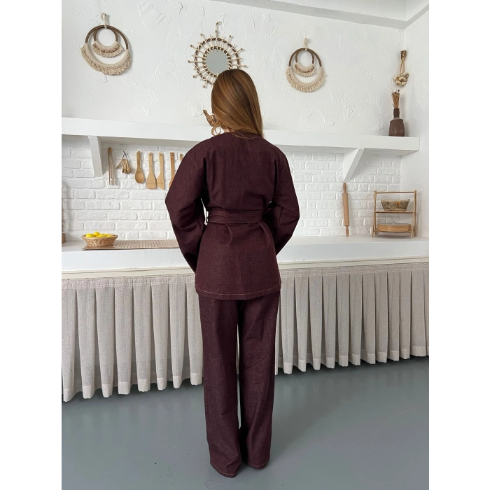 Hakim Yaka Modern Kesim Denim Takım Bordo