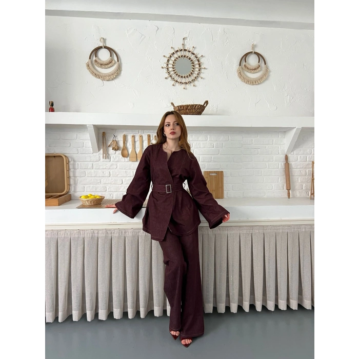 Hakim Yaka Modern Kesim Denim Takım Bordo