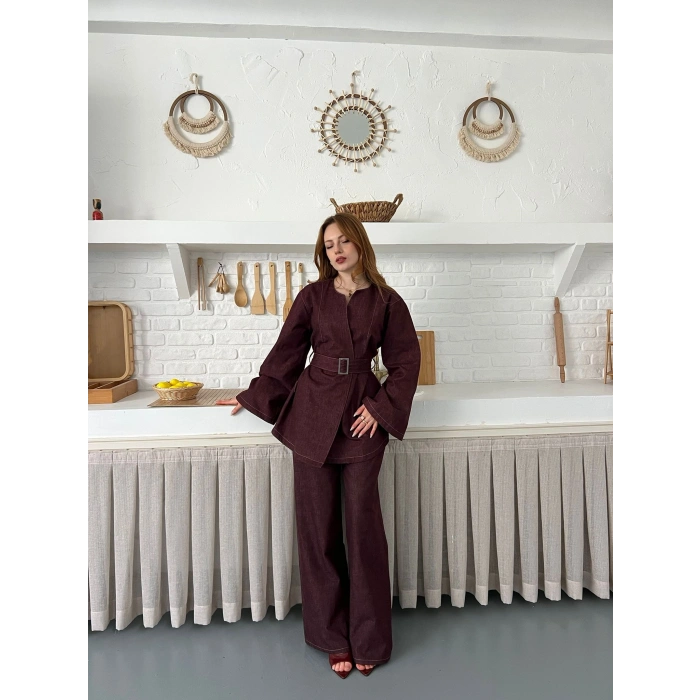 Hakim Yaka Modern Kesim Denim Takım Bordo