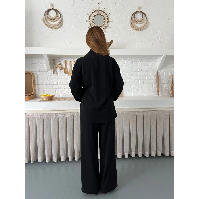 Kruvaze Yaka Yan Bağlamalı Feminen Takım Siyah