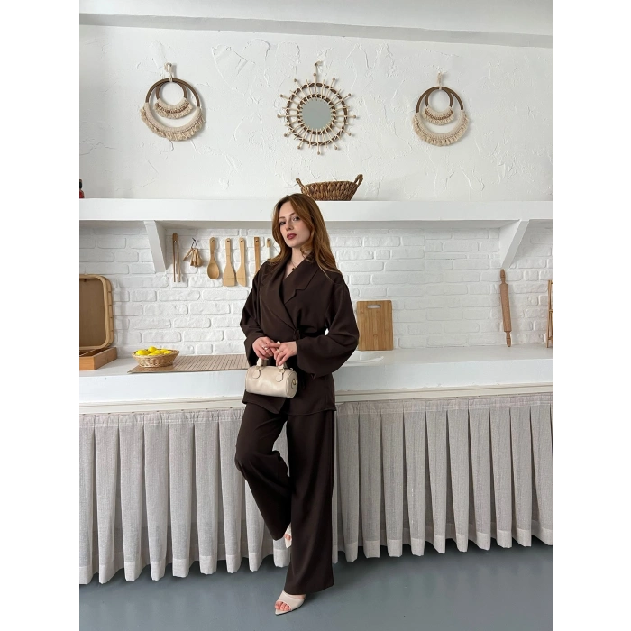 Kruvaze Yaka Yan Bağlamalı Feminen Takım Acı Kahve
