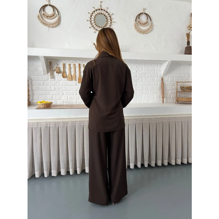 Kruvaze Yaka Yan Bağlamalı Feminen Takım Acı Kahve