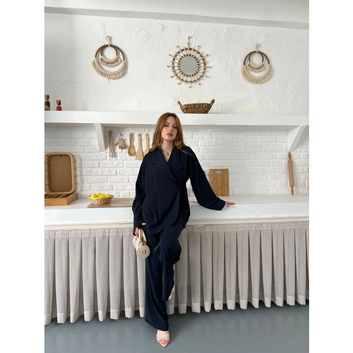 Kruvaze Yaka Yan Bağlamalı Feminen Takım Antrasit