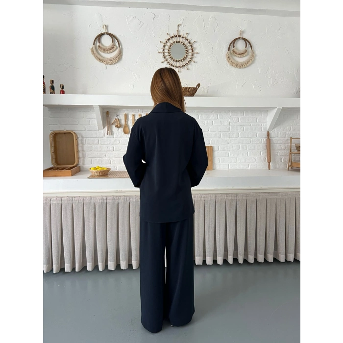 Kruvaze Yaka Yan Bağlamalı Feminen Takım Antrasit