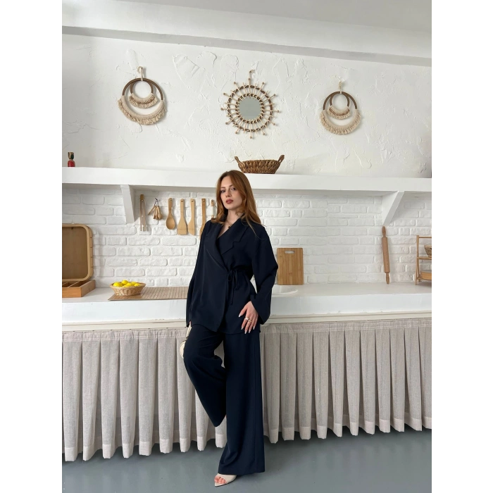 Kruvaze Yaka Yan Bağlamalı Feminen Takım Antrasit