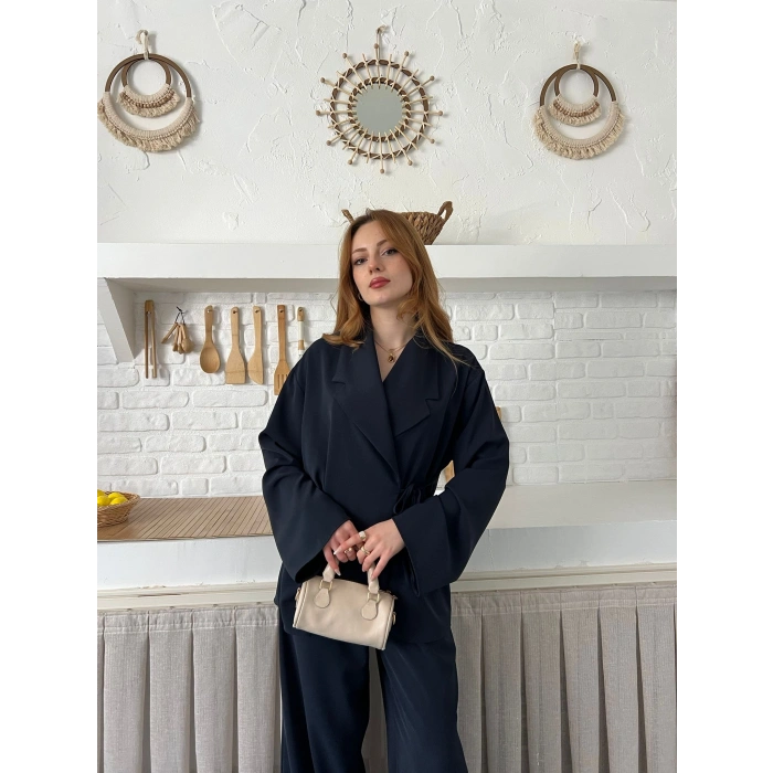 Kruvaze Yaka Yan Bağlamalı Feminen Takım Antrasit